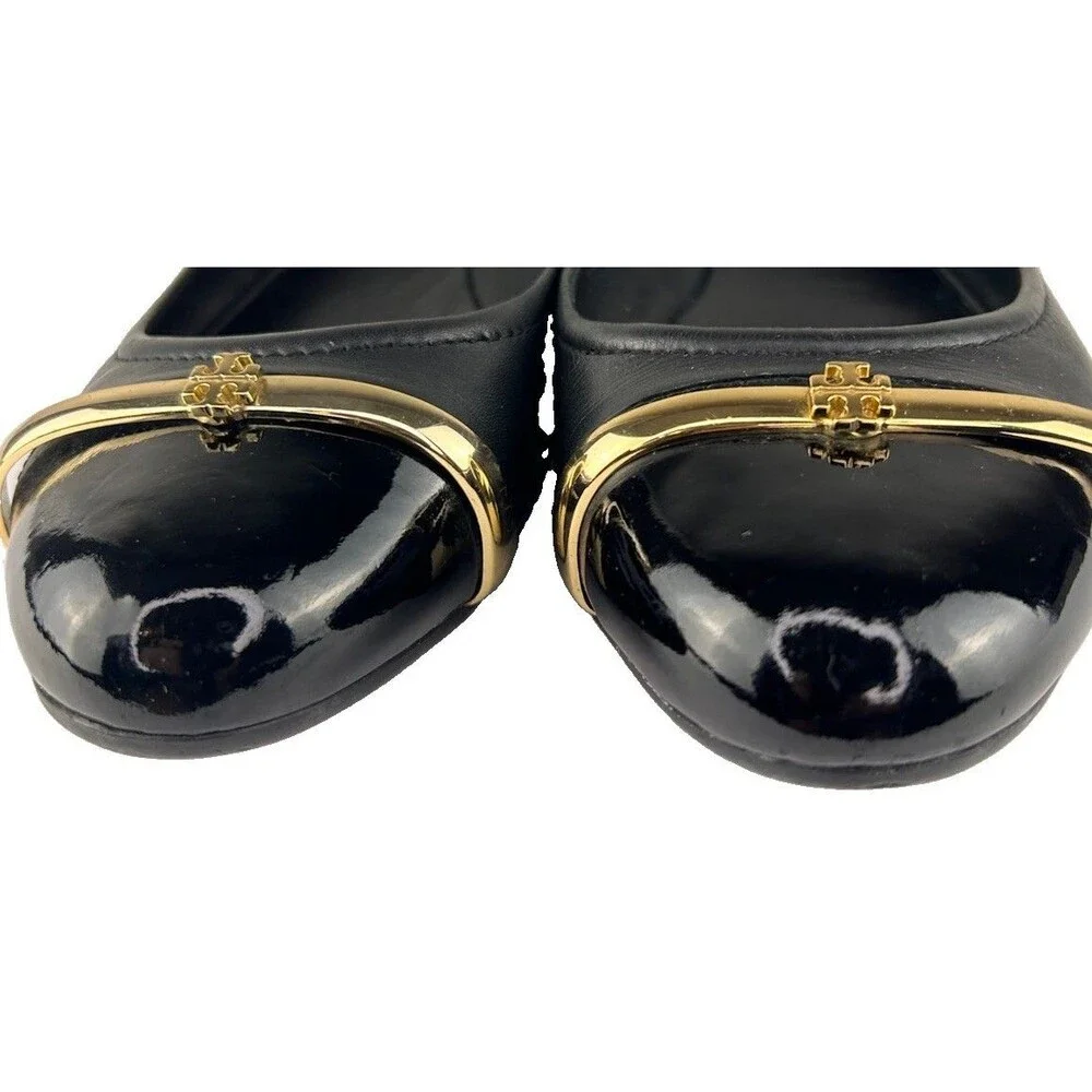 Tory Burch Pacey Black Patent Leather Toe Caps Gold Logo Ballerina Flats Size 10